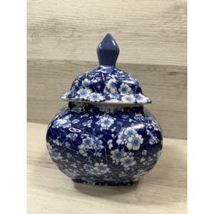 Victoria Ware Style Blue White Chinoiserie Temple Jar Cherry Blossom Lid 8.5"