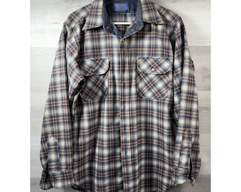 Pendleton Board Shirt Mens M Blue Cream Plaid Virgin Wool USA 60s 70s VTG