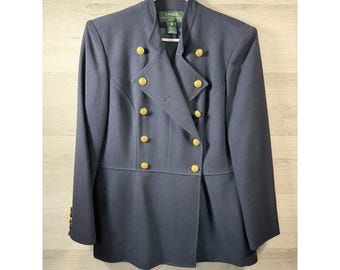 Ralph Lauren Wool Blazer Womens 14P Navy Blue Pea Coat Lined USA Made VTG