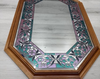 Stained Glass Floral Octagon Mirror Cottagecore Solid Wood New in Box Magee USA