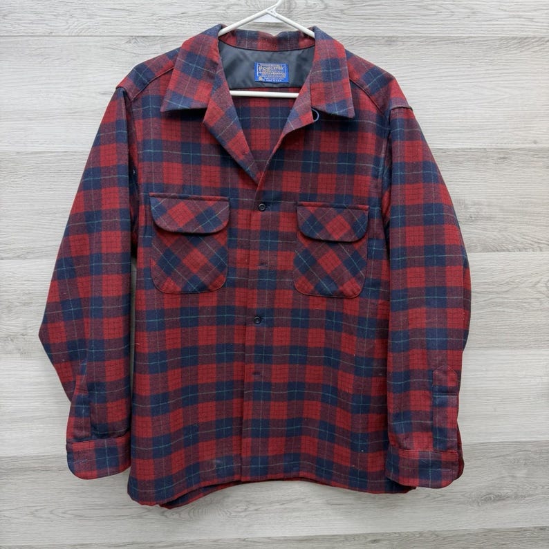 Pendleton Wool Board Shirt XL Vintage Blue Label Plaid Virgin Wool USA 1950s 60 image 1