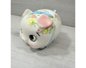 MCM Anthropomorphic Kitsch Pink White Floral Ceramic Piggy Bank