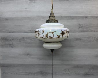 HTF Falkenstein Opalescent Glass Swag Lamp Hollywood Regency MCM Brass