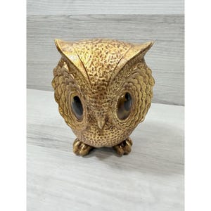 May include: A gold-colored owl figurine with large, dark eyes. The owl has a textured surface and is perched on a light-colored surface. The owl's feathers are detailed, and it has small feet.