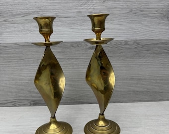Twisted Brass Candlesticks Pair Holders MCM Modern Sculpture Taper Candles