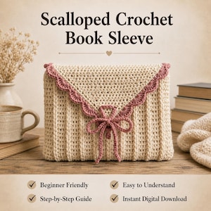 May include: A beige crocheted book sleeve with a darker pink scalloped edge and a bow closure. The image shows a handmade book cover. The text on the image reads "Scalloped Crochet Book Sleeve".