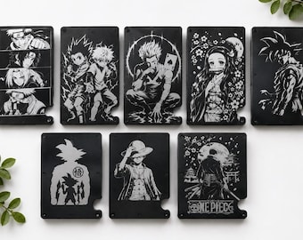 Anime gegraveerde metalen portemonnee | Slanke RFID-kaarthouder, minimalistisch voorvakontwerp