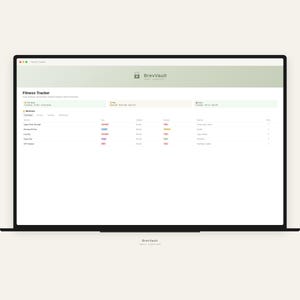 May include: A black laptop displays a fitness tracker interface. The screen shows a light green header with the text "BrevVault" and a lock icon. The main content is a white table with workout data, including "Warmup", "Open Body Warmup", and "Yoga Flow".