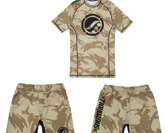 Shoyoroll Tan Camo Jiu Jitsu Training Fitted Rash Guard SS and Shorts