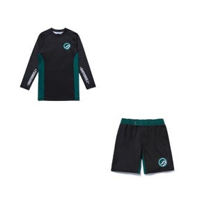 May include: Black long-sleeve shirt and shorts set. The shirt has a teal logo on the chest and the text "SHOYOROLL" on the sleeves. The shorts have a teal logo on the leg and a teal waistband.