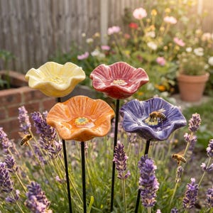 Butterfly Bee Water Station Ceramic Flowers Garden Stakes, Pollinator Water Station, Garden Water Feeder Gift, Insect Watering Station Gift