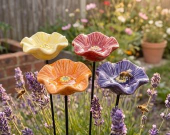 Butterfly Bee Water Station Ceramic Flowers Garden Stakes, Pollinator Water Station, Garden Water Feeder Gift, Insect Watering Station Gift