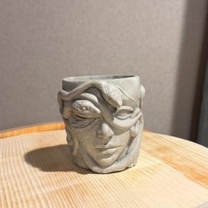 May include: A cylindrical gray concrete planter featuring a sculpted human face with closed eyes, intricately wrapped in multiple textured snakes that coil around the forehead, cheeks, and chin, creating a detailed relief surface design.