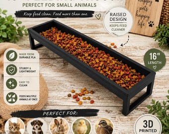 16 Inch Small Animal Feeding Trough | Raised Pet Feeder | Kitten/ Puppy Food Tray | Rabbit/Chicken Feed Dish | PLA
