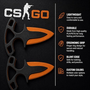 May include: Two black and orange push daggers with finger ring handles and blunt edges. The text CS:GO is displayed at the top. The image includes a list of features: LIGHTWEIGHT, DURABLE, ERGONOMIC GRIP, BLUNT EDGE, and CUSTOM COLORS with icons.
