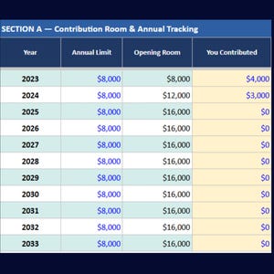 May include: A table showing a financial contribution tracking chart. The chart is labeled "SECTION A - Contribution Room & Annual Tracking." It includes columns for Year, Annual Limit, Opening Room, and You Contributed, with data from 2023 to 2033.