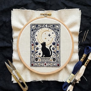 Kit per ricamo Gatto Nero - Luna Celeste - Artigianato Gotico - Decorazione da Parete in Stile Tarocchi - Regalo