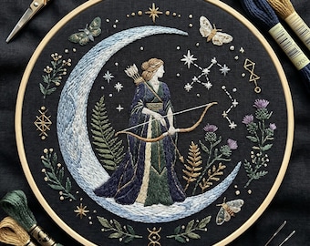 Artemis Moon Embroidery Kit | Greek Goddess Archer Craft | Celestial Night Sky DIY Kit