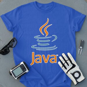 Blue t-shirt with Java logo and text, next to golf accessories.