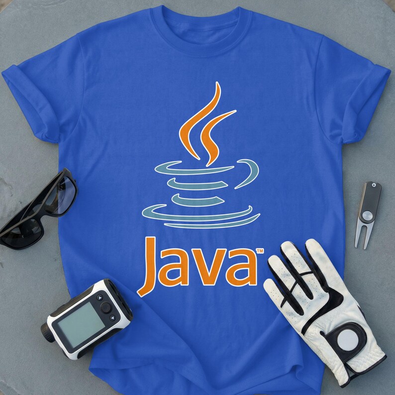 Blue t-shirt with Java logo and text, next to golf accessories.