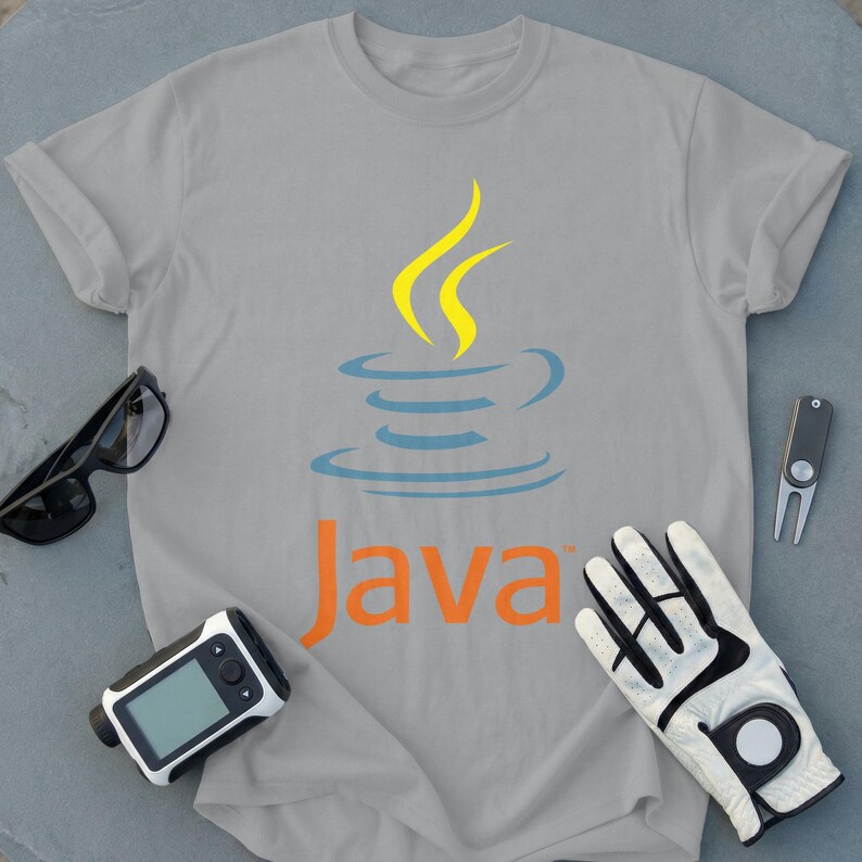 Grey t-shirt with blue Java logo and orange "Java" text.