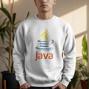White sweatshirt with Java logo featuring a steaming cup and orange text.