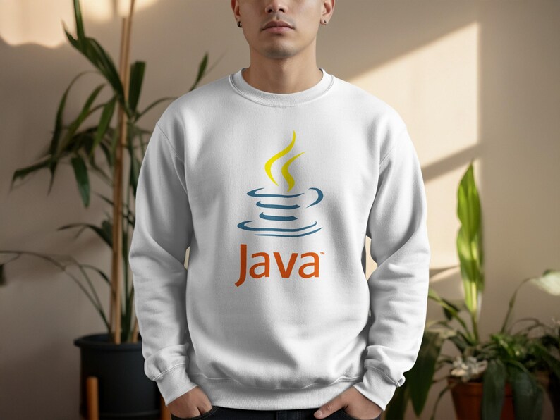White sweatshirt with Java logo featuring a steaming cup and orange text.