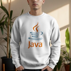 White sweatshirt with the orange Java logo and text.