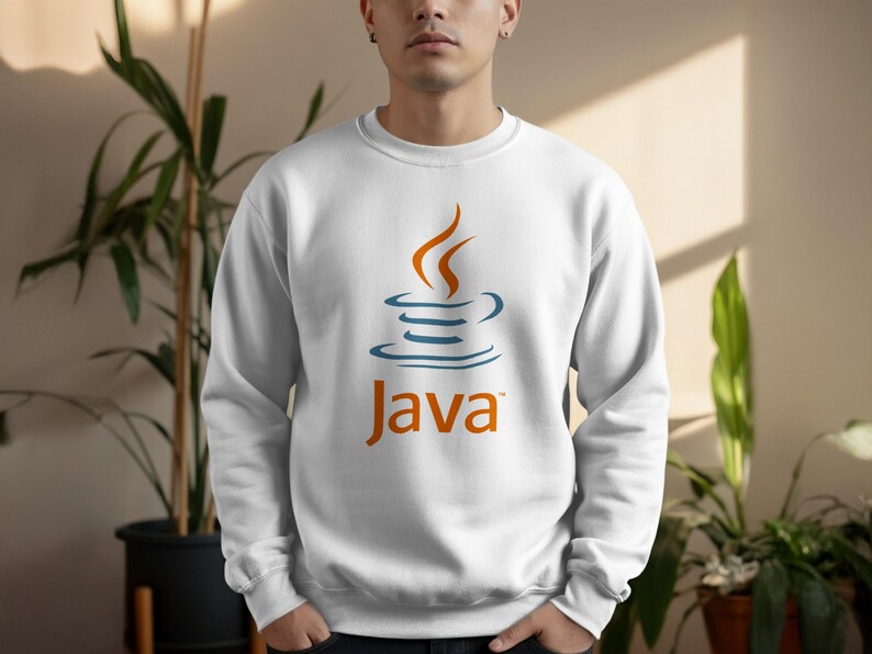 White sweatshirt with the orange Java logo and text.