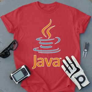 Red t-shirt with Java logo and text, golf glove, sunglasses, and rangefinder.