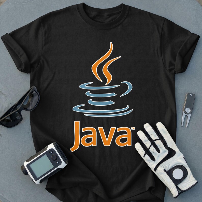 Black t-shirt with the Java logo and text, and golf accessories.