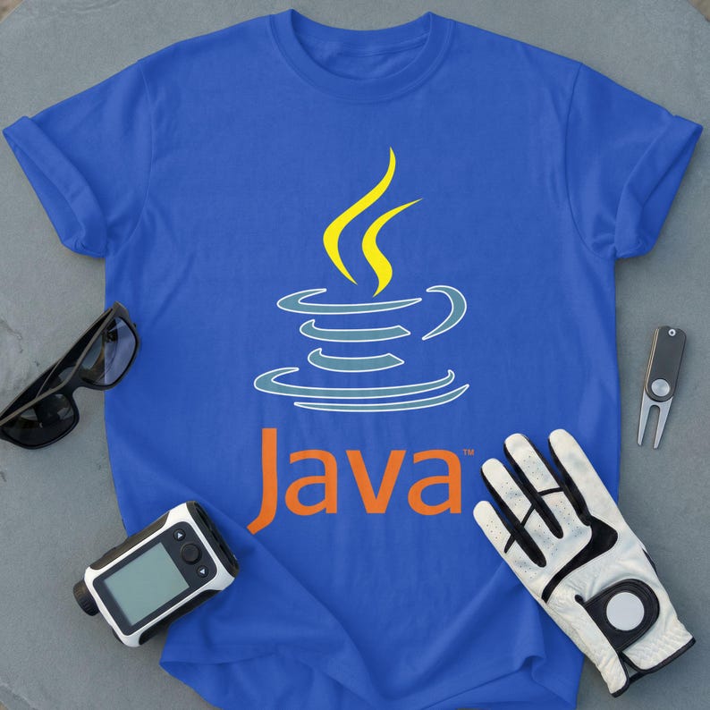 Blue t-shirt with Java logo and text, sunglasses, golf glove, and rangefinder.