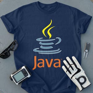 Navy blue t-shirt with Java logo and text, golf glove, sunglasses, and rangefinder.