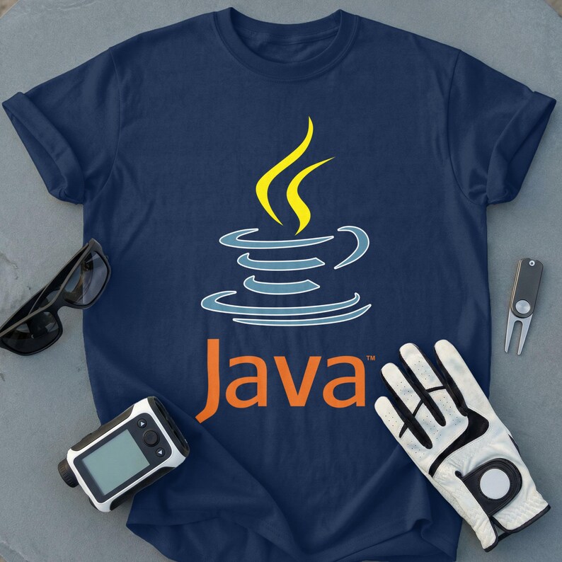 Navy blue t-shirt with Java logo and text, golf glove, sunglasses, and rangefinder.