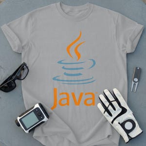 Grey t-shirt with orange Java logo and text, near sunglasses, golf glove, and rangefinder.