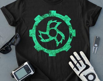 Camiseta Jinjer Progressive Band Abstract Teal Gear Industrial Symbol, Camiseta com Design Místico e Textura Grunge, Camiseta Estética Única para Ele e Ela
