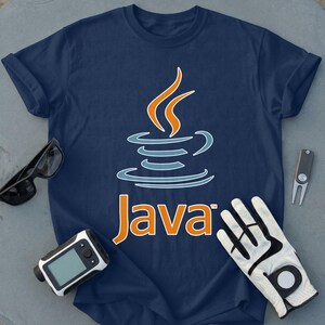 Navy t-shirt with Java logo, golf glove, rangefinder, sunglasses, and divot tool.