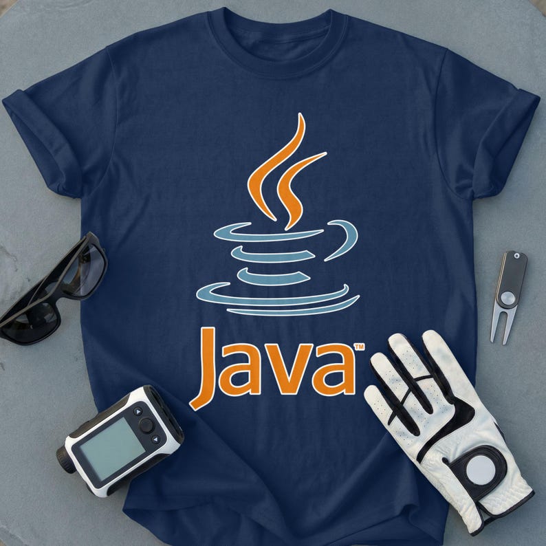 Navy t-shirt with Java logo, golf glove, rangefinder, sunglasses, and divot tool.