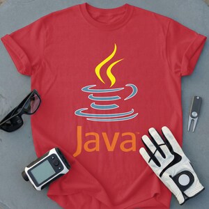 Red t-shirt with Java logo and text.
