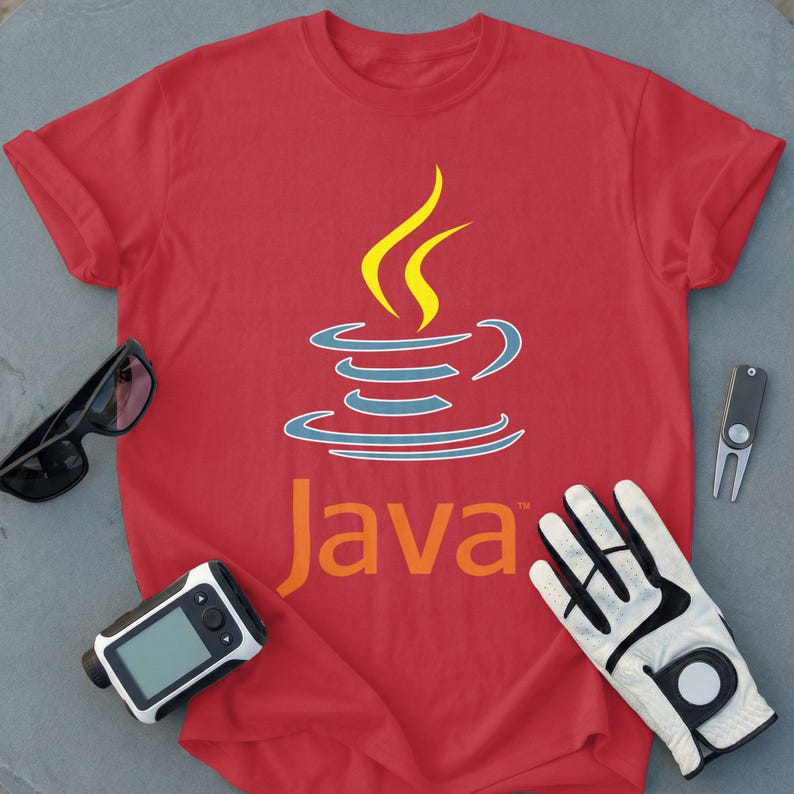 Red t-shirt with Java logo and text.