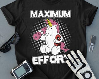 Camiseta de treino com unicórnio, camiseta divertida para academia "Esforço Máximo", presente fitness com unicórnio para amantes da academia, camiseta para levantamento de peso.