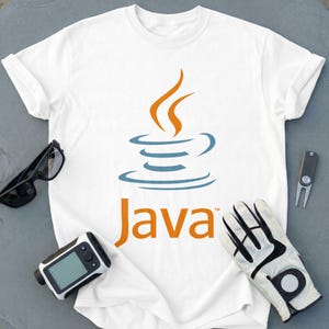 White t-shirt with orange Java logo and text.