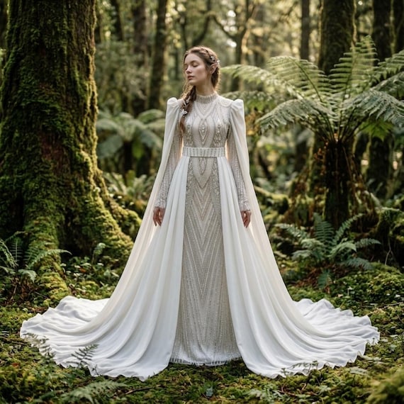 beaded fairy dress Long Sleeve Elven Wedding Dress, Ethereal Bridal Gown, Medieval Fantasy Forest Gown for enchanted outdoor romantic Wedding goddess fairy wedding dress