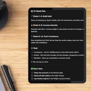 May include: A black tablet screen displaying a 12-Week Plan with sections titled Weeks 1-4: Build Habit, Weeks 5-8: Increase Intensity, Weeks 9-12: Push Consistency, Goal, and Start Here, featuring white text and icons on a dark background.