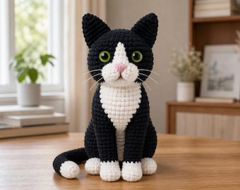 Patrón de amigurumi de gato esmoquin en PDF, gatito realista en blanco y negro, tutorial para principiantes para crear tu propio peluche.