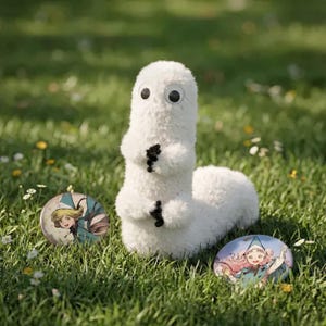 May include: A white, fluffy plush toy with googly eyes and black details, set on green grass. Two circular badges with anime-style illustrations are also visible. The toy has a whimsical, cartoonish design.