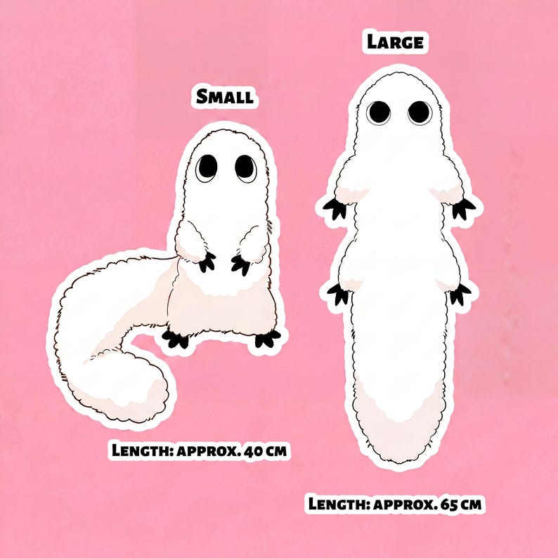 May include: Two white creature stickers, labelled "Small" and "Large", with black eyes and feet, on a pink background. The small sticker is approx. 40 cm long, and the large sticker is approx. 65 cm long.