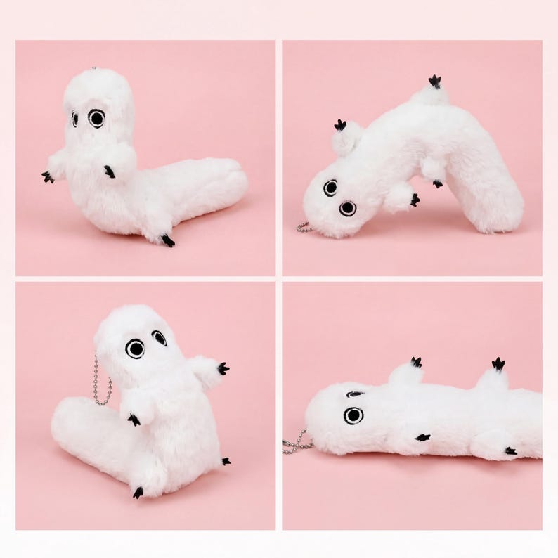 May include: Four images of a white plush creature with black eyes and small black feet. The creature has a long, worm-like body and a rounded head. Each image shows the creature in a different pose against a pink background.