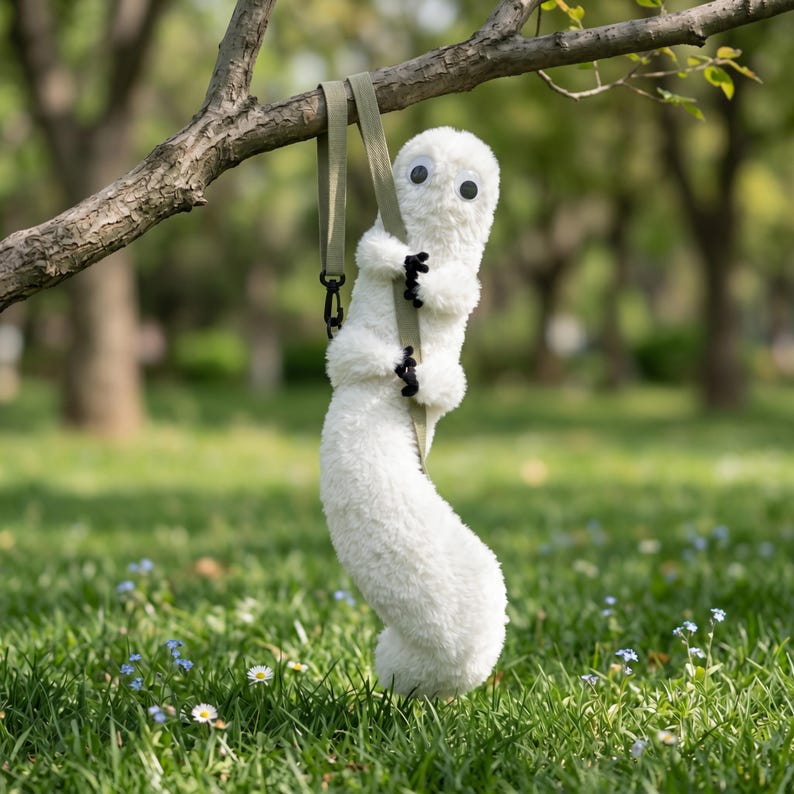 May include: A fluffy white toy with large googly eyes and black claws hangs from a green strap attached to a tree branch. The toy has a long, curved body against a backdrop of green grass and trees.