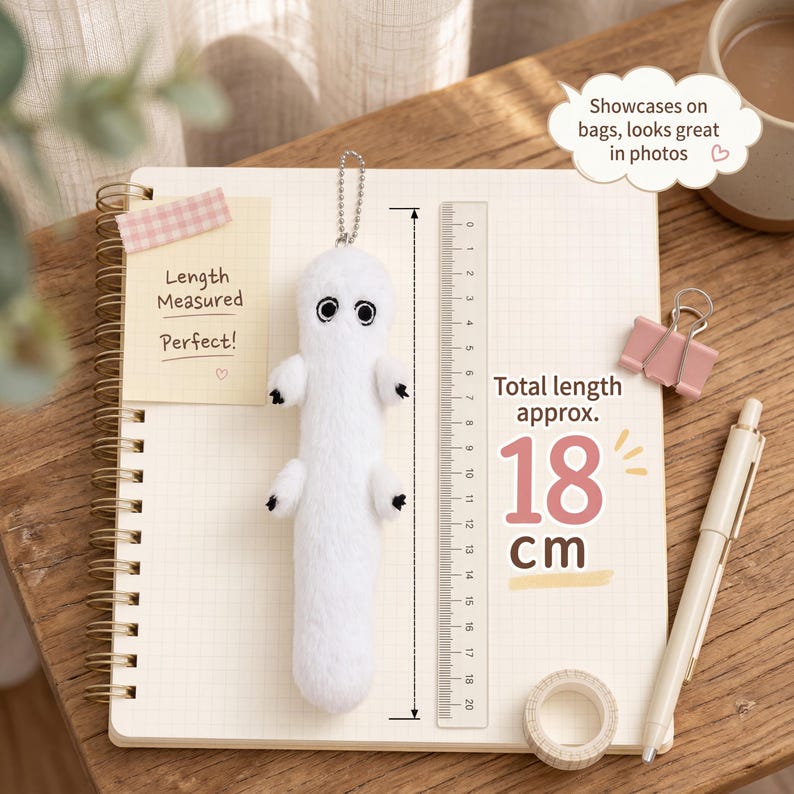 May include: A white plush toy shaped like a lizard, with black eyes and small black feet, is displayed on a notebook. The total length is approximately 18 cm. Text on the page reads "Length Measured Perfect!" and "Showcases on bags, looks great in photos."